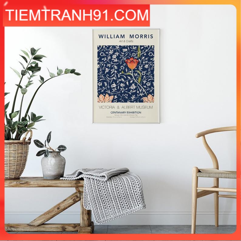Tranh treo tường | Triễn lãm-William Morris - Blue Backgrounded RED Flower Pattern 03 , tranh canvas giá rẻ