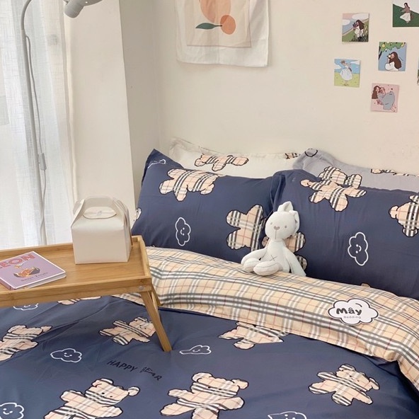 Bộ chăn ga gối Cotton Poly Mây Bedding hoạ tiết Gấu caro kẻ đủ màu xanh dương xám trắng MÂY BEDDING đủ kích thước nệm