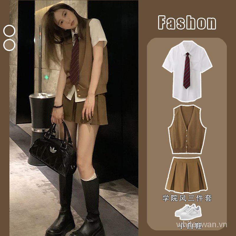 Set Áo Sơ Mi Ngắn + Áo Vest Dệt Kim + Chân Váy Xếp Ly Phong Cách Hàn Quốc Thời Trang Mùa Hè Mới 2021 Cho Nữ | BigBuy360 - bigbuy360.vn