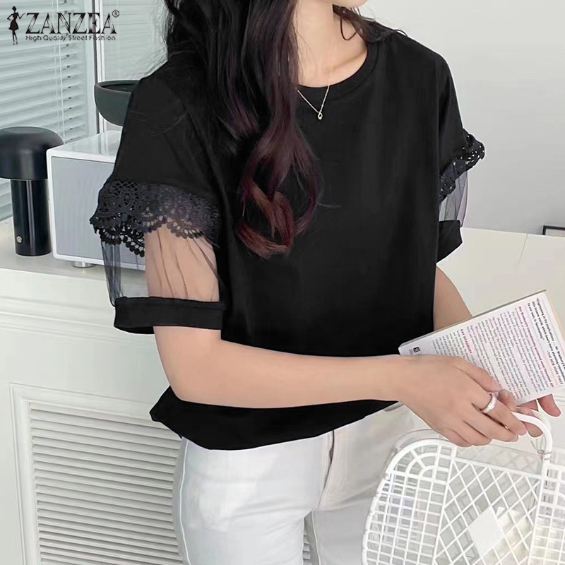 Áo kiểu ZANZEA tay phồng phối ren màu trơn thời trang đường phố cho nữ