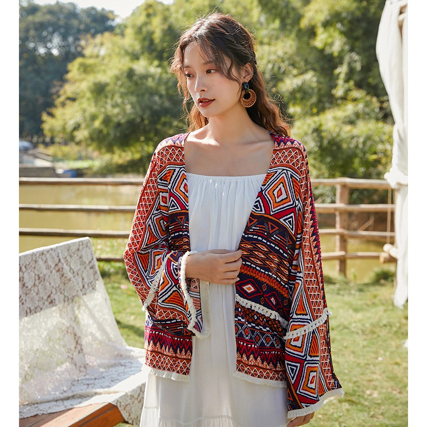 Cardigan voan họa tiết thổ cẩm boho tua rua - MS002 (Có ảnh thật) | BigBuy360 - bigbuy360.vn