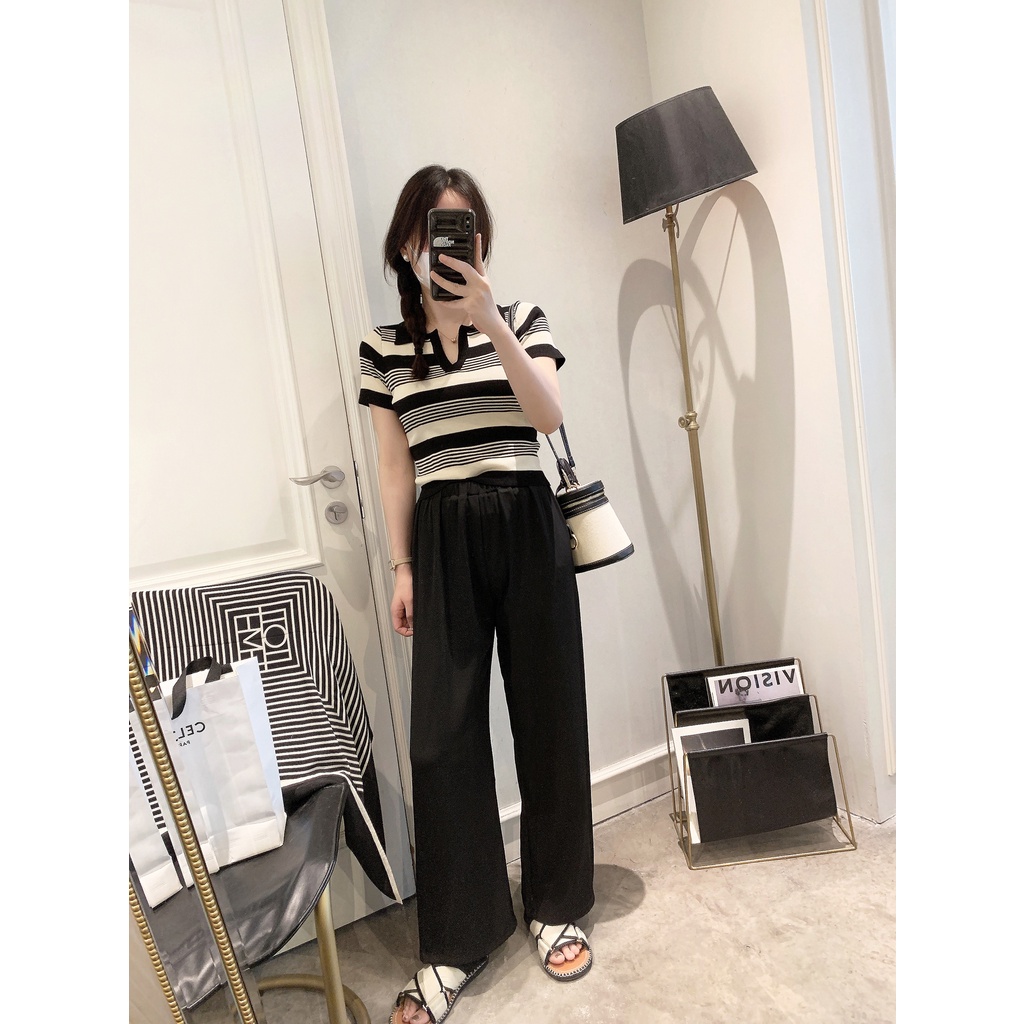 QADCOL  Áo polo Dệt Kim Mỏng Dáng Ôm Tay Ngắn Kẻ Sọc Kiểu Retro Dễ Phối Đồ