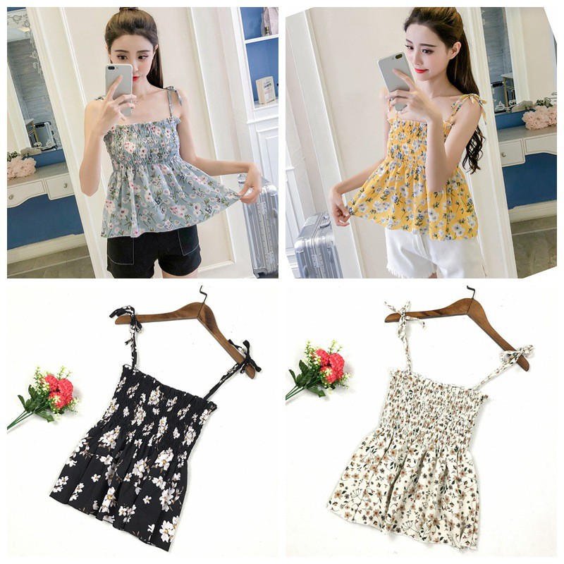 [Baywellfashion]Women's Spaghetti Strap Floral Print Lace Up Ruched Camisole