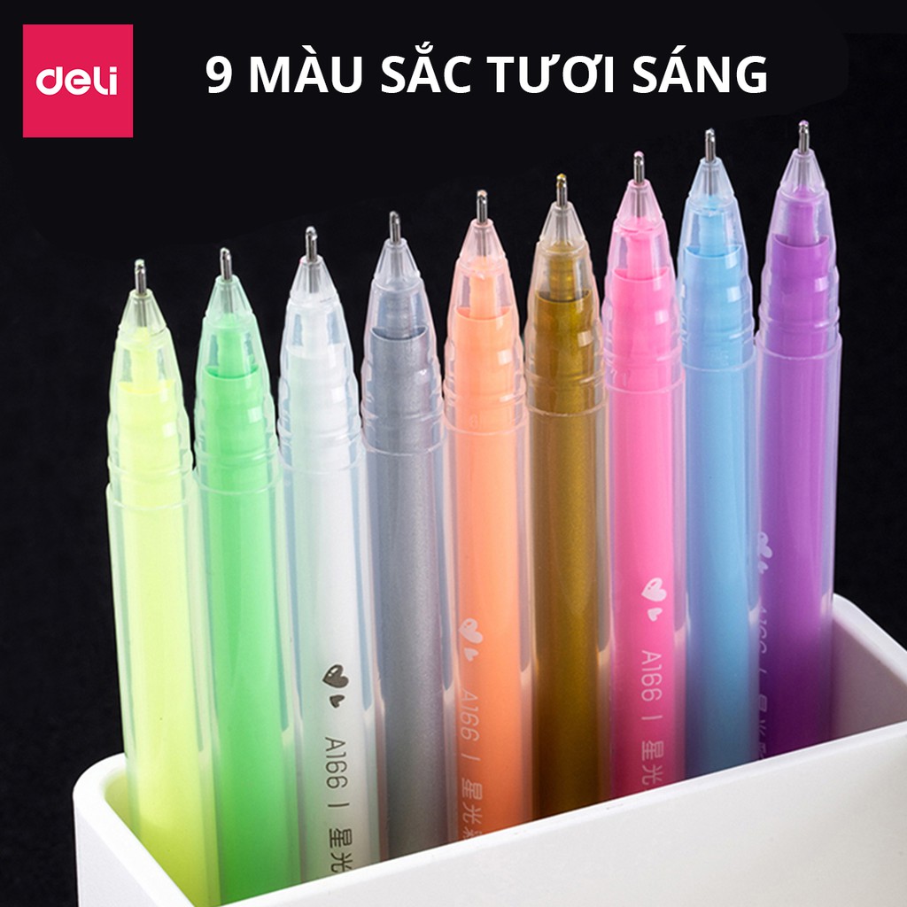 Bút gel nhiều màu Deli - 0.6mm - Mực trơn đều, tích hợp ghim kẹp - 9 màu 9 chiếc/Hộp - 1 hộp - A166