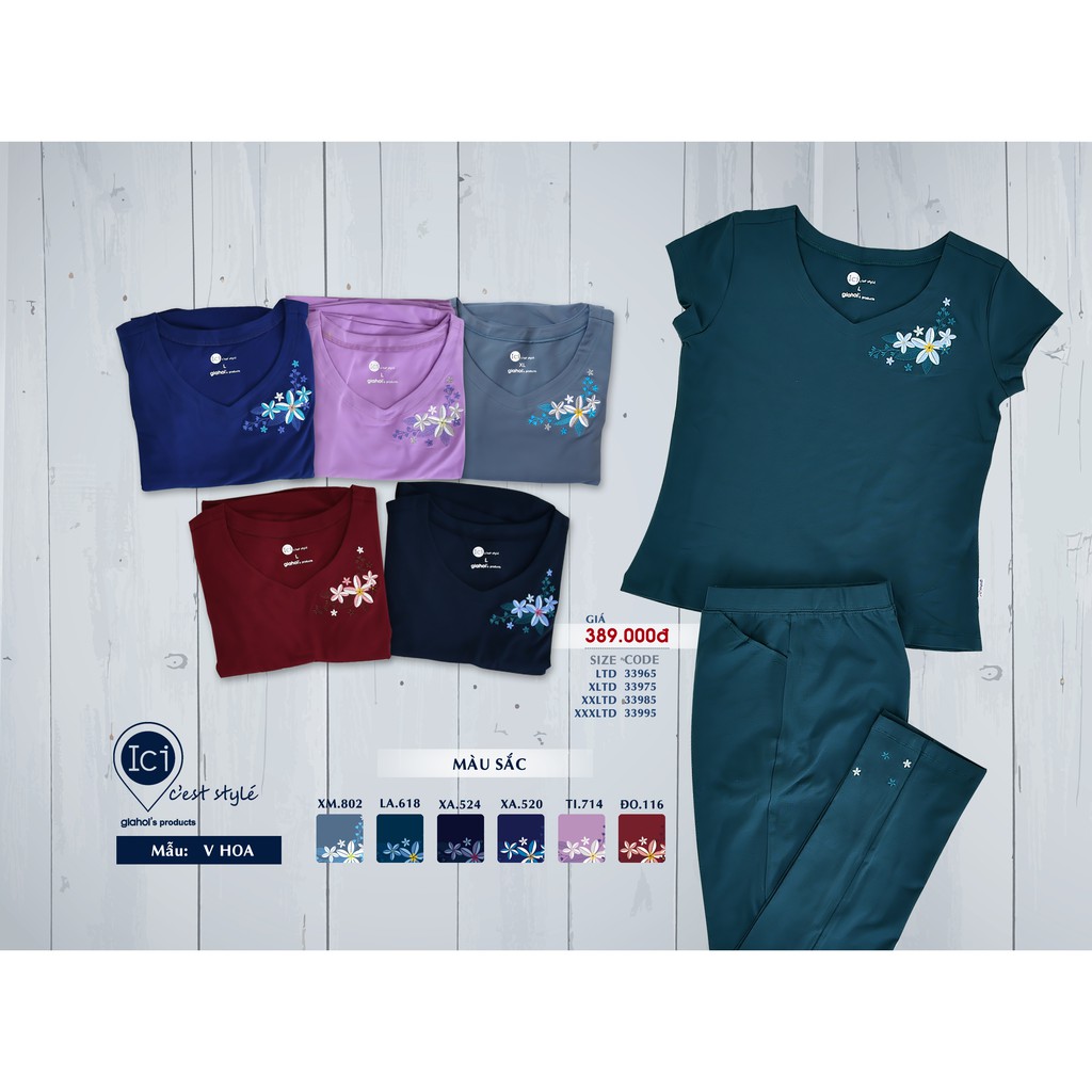 Bộ mặc nhà cotton V Hoa Gia Hồi Quần dài size L,XL,XXL,XXXL