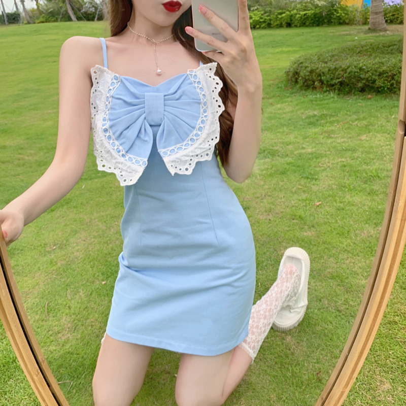 Đầm Denim Hai Dây Dáng Ôm Đính Nơ Thời Trang Mùa Hè Cho Nữ váy