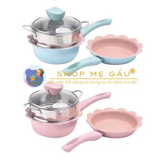 Bộ Nồi Chảo Cho Bé Ăn Dặm, Nồi Chảo Nấu Quấy Hình Hoa Cao Cấp, Men Đá Chống Dính, Kèm Xửng Hấp
