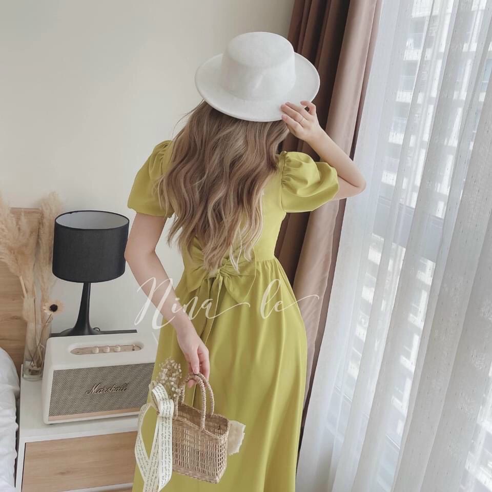 [8.8 Sales Freeship] Đầm maxi dáng dài cổ tròn cột nơ sau, đầm tay phồng suông thắt dây eo đi  biển siêu xinh