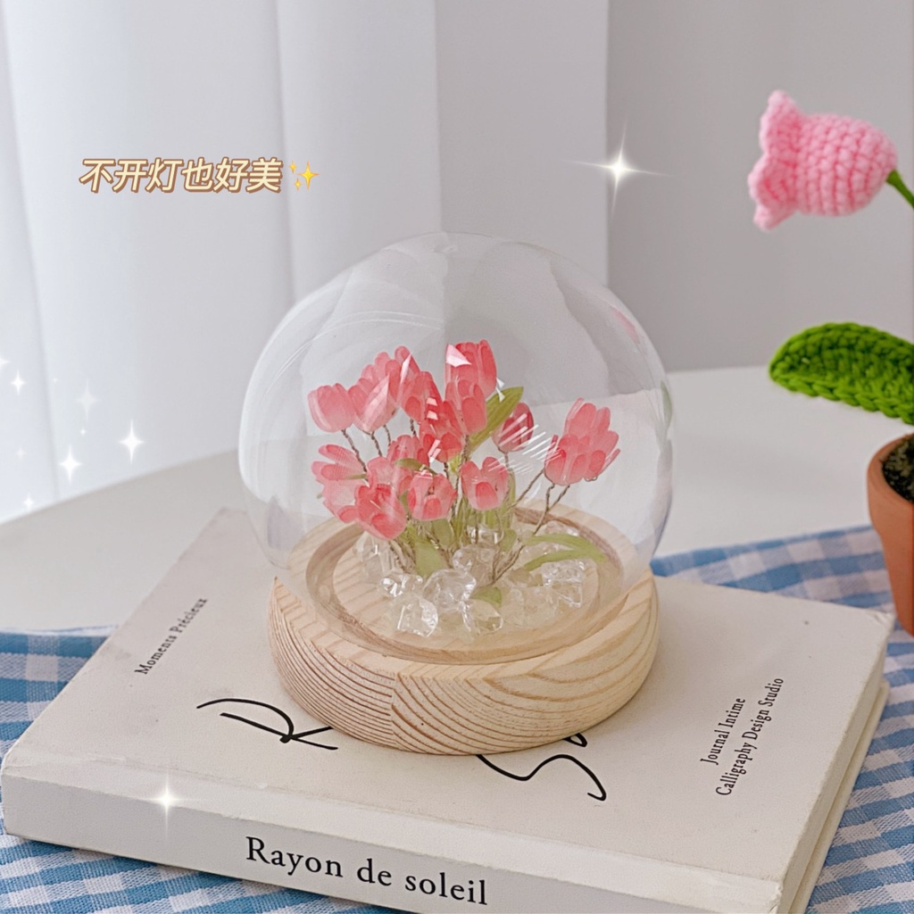 Đèn ngủ decor hoa tulip lồng kính có đèn LED nhiều màu sắc, đèn decor để bàn trang trí