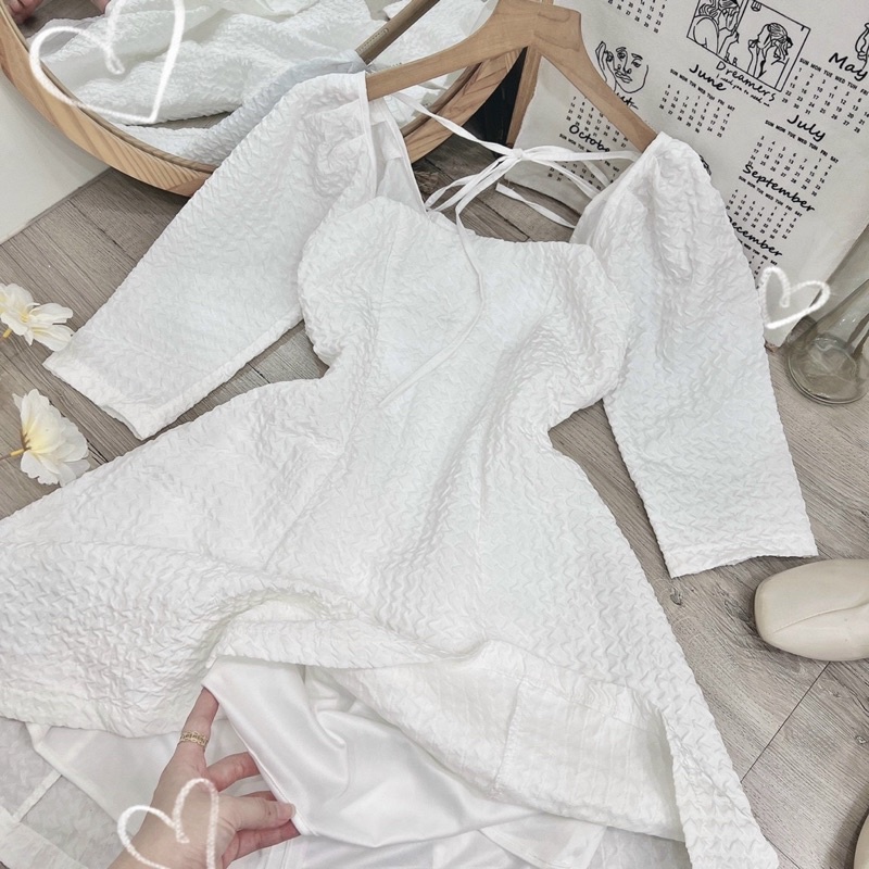 Đầm xốp tay bồng lửng dáng xoè nơ lưng dễ thương [kèm hình thật]