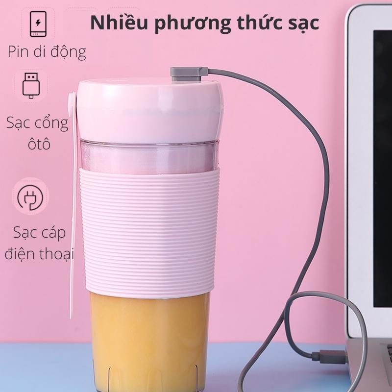 Máy Xay Sinh Tố Mini Cầm Tay 420ml 4 Lưỡi Dao Thép Không Gỉ Có Pin Sạc USB Bugu QH-09