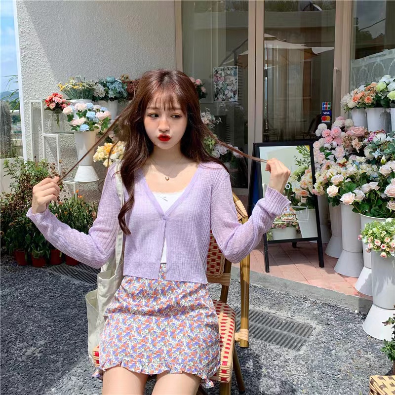 【Hana and Alice】Áo Khoác Cardigan Dệt Kim Vải Lụa Lạnh Tay Dài Chống Nắng Nhẹ Nhàng Kẻ Sọc Màu Trắng Mùa Hè Cho Nữ