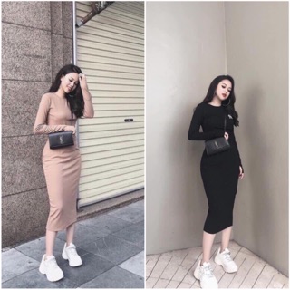 BÁN SỈ VÁY BODY LEN TĂM DÀI TAY THÊU NY