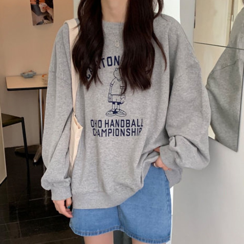 Áo Thun Nỉ Tay Dài Dáng Rộng In Họa Tiết Thời Trang Cho Nữ