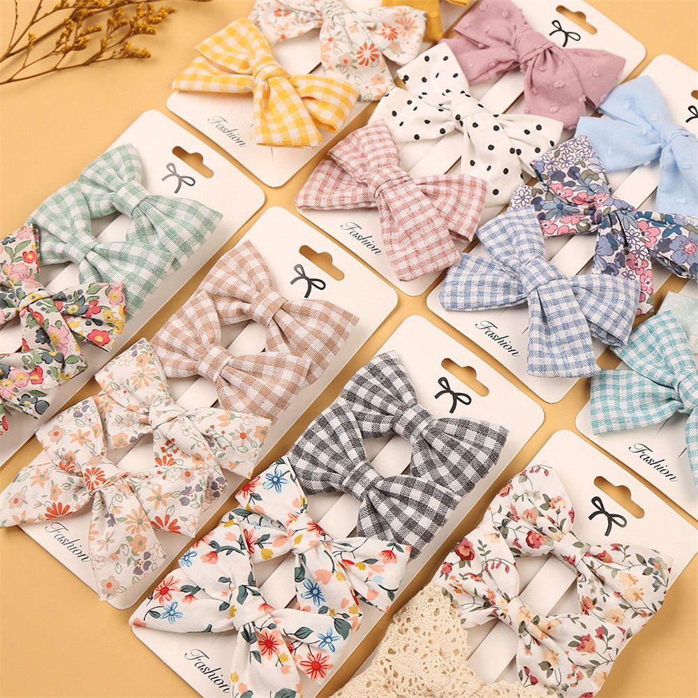 Bộ 4 Kẹp Tóc Cotton Lanh In Họa Tiết Caro / Nơ Xinh Xắn Cho Bé Gái