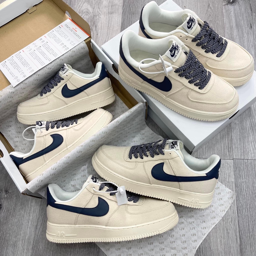 Giày thể thao AF1 kem vạch xanh than, AIR FORCE 1 CANVAS NAVY, AF1 Vải Kem Sữa Hót trend 2023