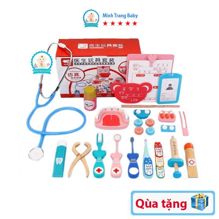 Đồ chơi bác sĩ cho bé 20 chi tiết, đồ chơi dụng cụ y tế nha khoa bằng gỗ cao cấp - Minh Trang Baby