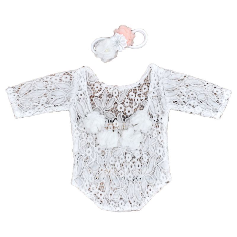 Bộ 2 Món Áo Liền Quần + Băng Đô Ren Hoa Đính Ngọc Trai Dễ Thương Dành Cho Bé Sơ Sinh