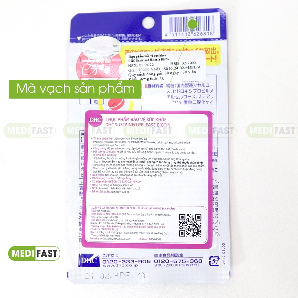 Viên uống kích thích mọc tóc - Biotin ngăn rụng tóc DHC Sustained Release Biotin dùng được cho cả nam và nữ - Gói 30v