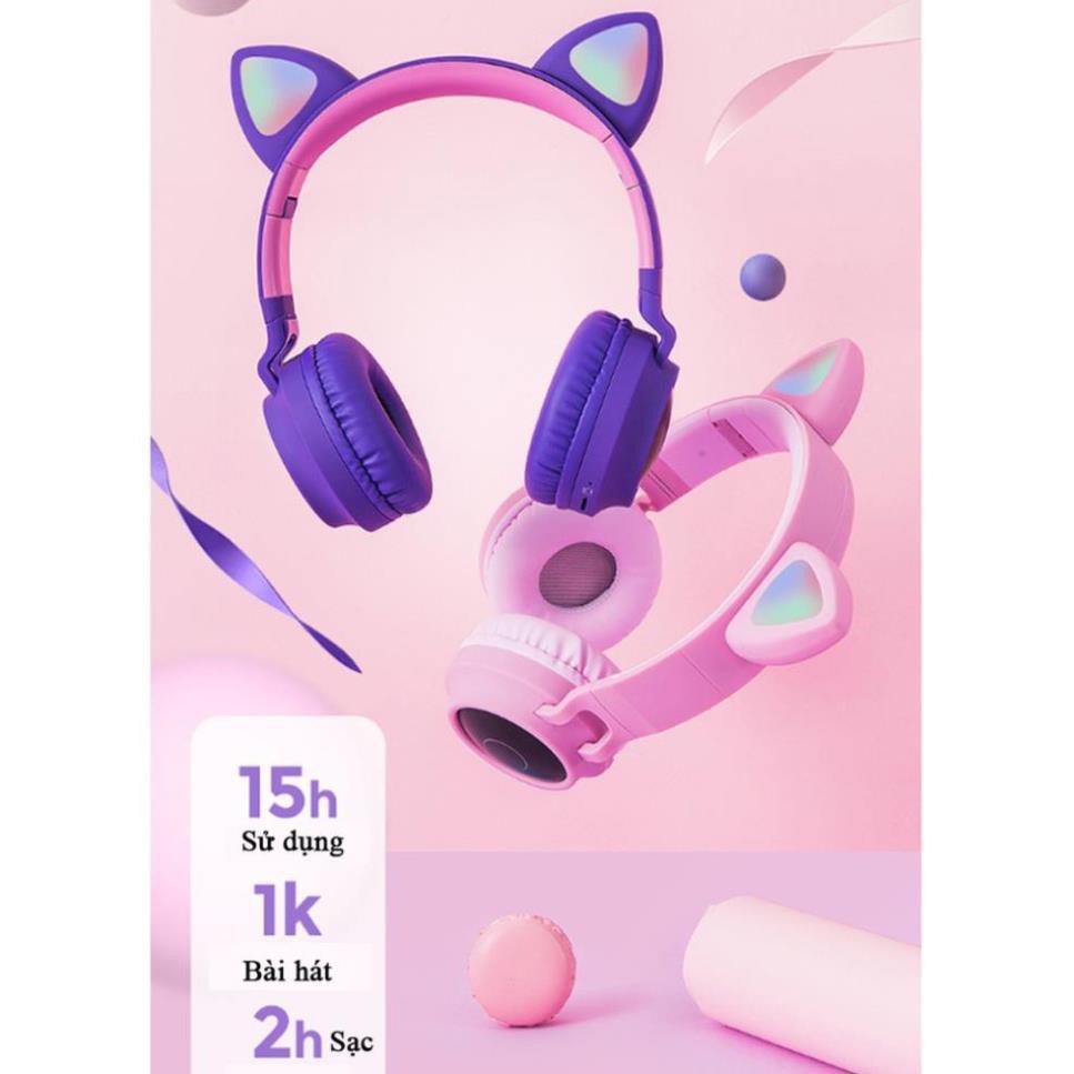 [Chính hãng] Tai Nghe Mèo Bluetooth (chụp tai, có đèn, có Mic, Bass, Pin Khủng 400mAh- BH 12 tháng)