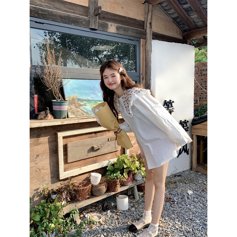 Áo Sơ Mi Trắng Tay Dài Cổ Búp Bê Họa Tiết Hoa Thời Trang Hàn Quốc Thiết Kế Ngọt Ngào Cho Nữ