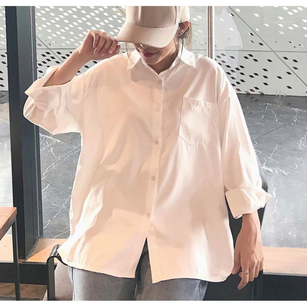 ÁO SƠ MI TRẮNG TRƠN BASIC UNISEX - ÁO SƠ MI TÚI NGỰC FORM RỘNG DÀI TAY có size nhỏ size s