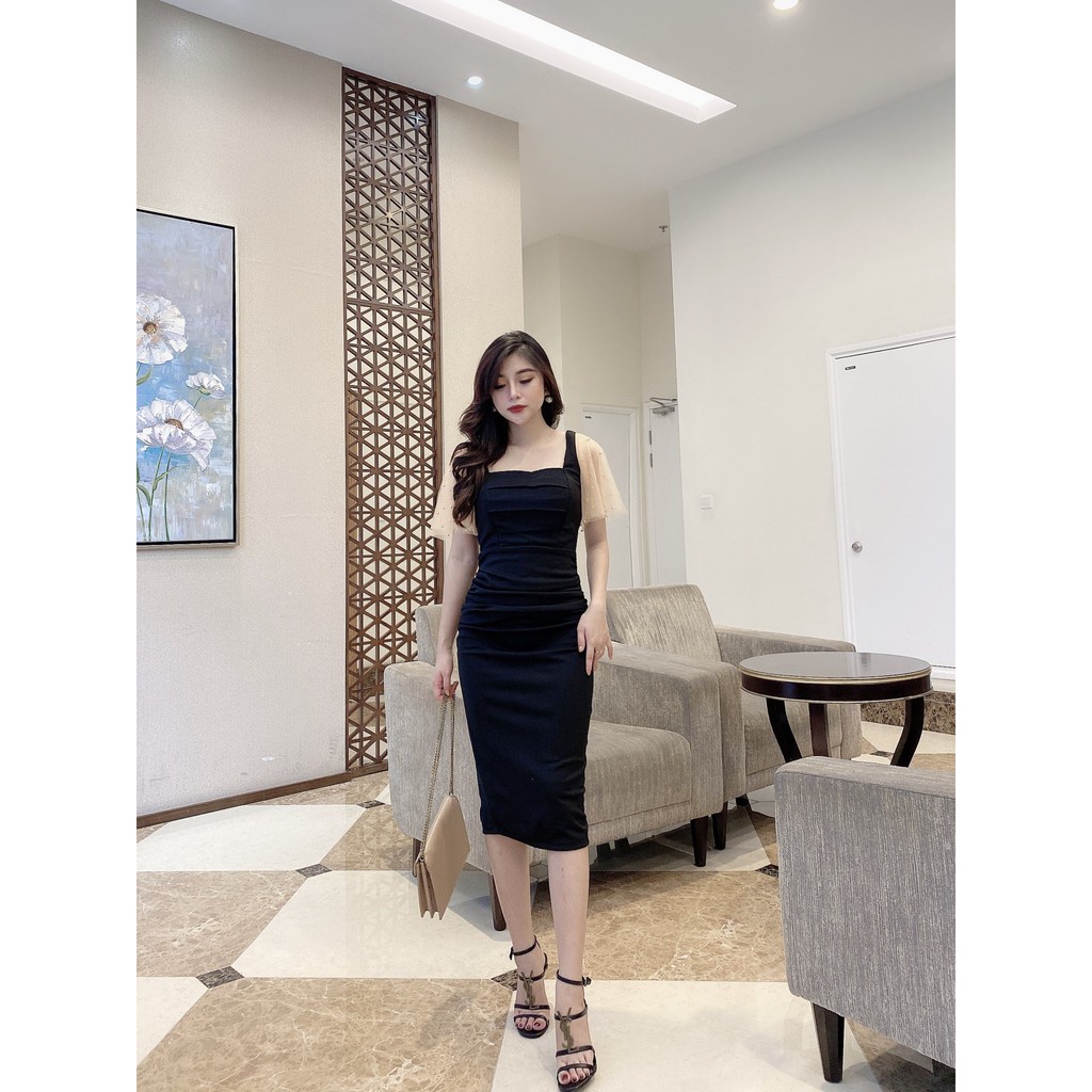 Váy nữ đầm nữ body cao cấp cổ vuông, tay lửng sang chảnh dự tiệc màu đen tạo nên vẻ đẹp quyến dũ cho phái đẹp | BigBuy360 - bigbuy360.vn