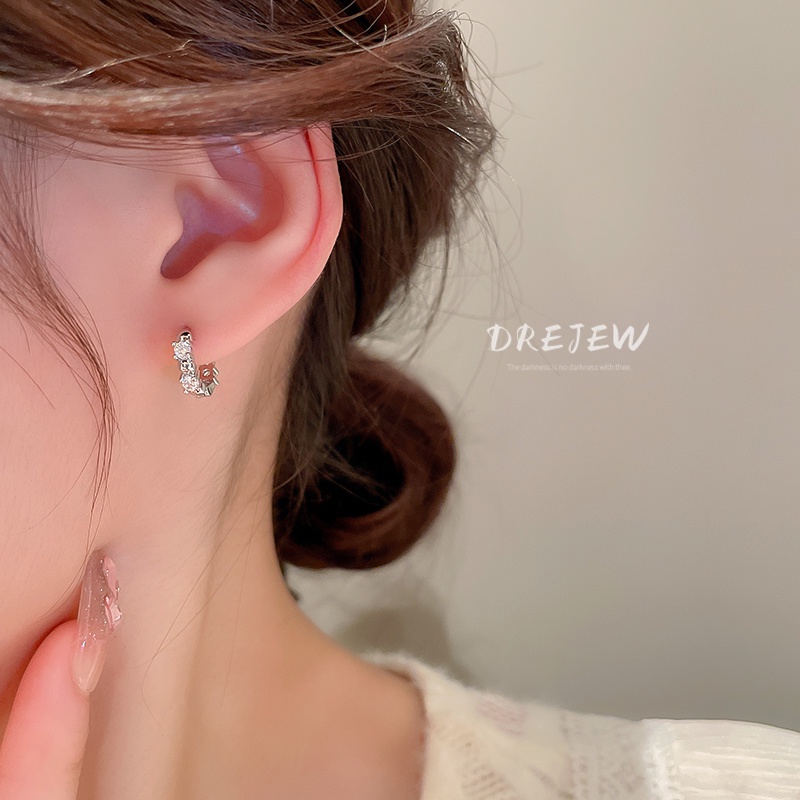 DREJEW Khuyên tai dáng tròn đính đá zircon đơn giản phong cách Nhật Hàn