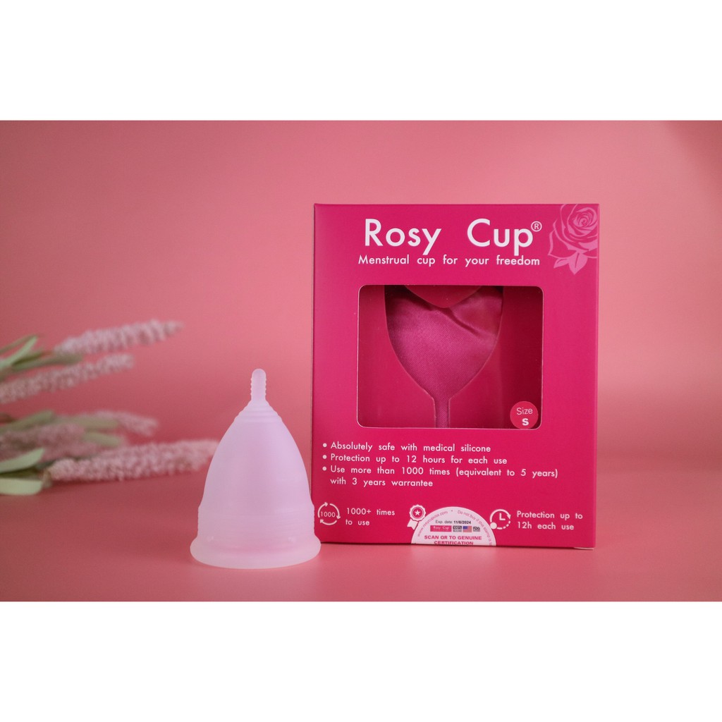Cốc nguyệt san Rosy Cup chính hãng tặng quà kèm theo | Silicone y tế chính hãng Rosy Cup USA đầy đủ mã vạch