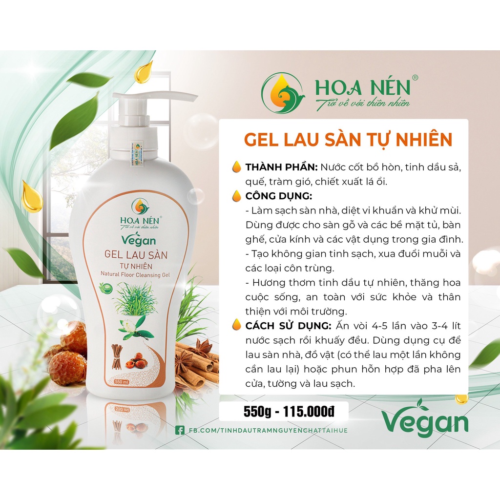 Gel Nước lau sàn hữu cơ Hoa Nén 550ml - kết hợp tinh dầu thiên nhiên khử mùi, đuổi muỗi