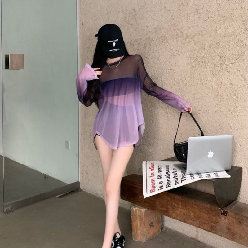 Áo thun IELGY dáng rộng vải lụa mát mỏng màu gradient chống nắng dành cho phái nữ