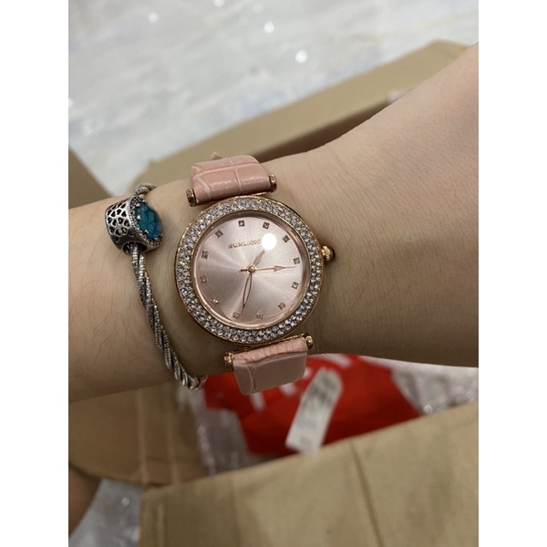 Đồng hồ nữ sunlight dây da hồng 2 viền đá vàng rose mã 69109