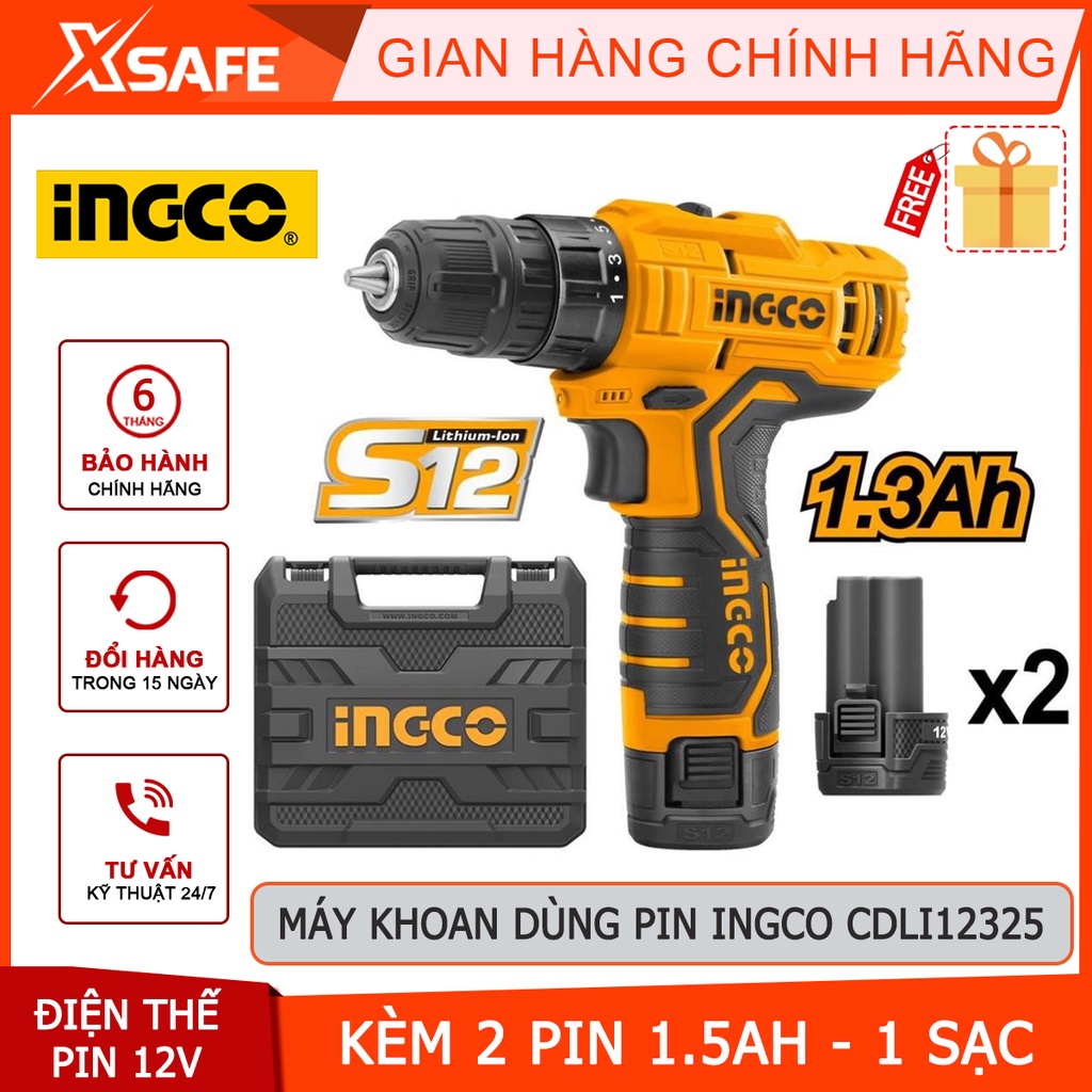 Máy khoan pin cầm tay INGCO CDLI12325 12V kèm 2 pin 1 sạc, đầu khoan 0.8-10mm, nhông cơ khí 2 tốc độ - chính hãng