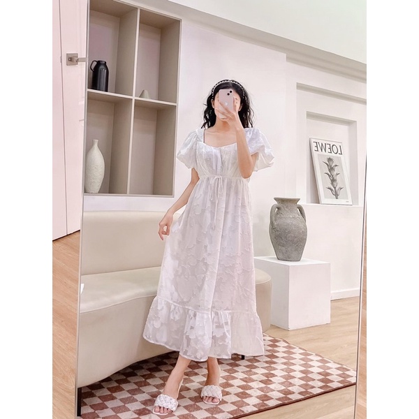 T-Mie | Đầm Bầu Maxi Thiết Kế Tay Phồng Rút Eo Tiểu Thư Cao Cấp Công Sở Đi Tiệc Đẹp