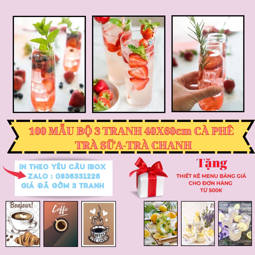 Tranh đồ uống ,Quán Trà Sữa,Trà Chanh, Cà Phê trang trí decor quán cafe siêu chất - bền - đẹp - khung nổi (tặng kèm đinh