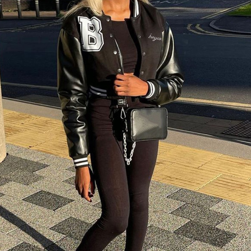 YOUYO Áo khoác bóng chày giả da tay dài dáng ngắn cài nút in chữ phối màu phong cách Harajuku cổ điển cho nữ | BigBuy360 - bigbuy360.vn