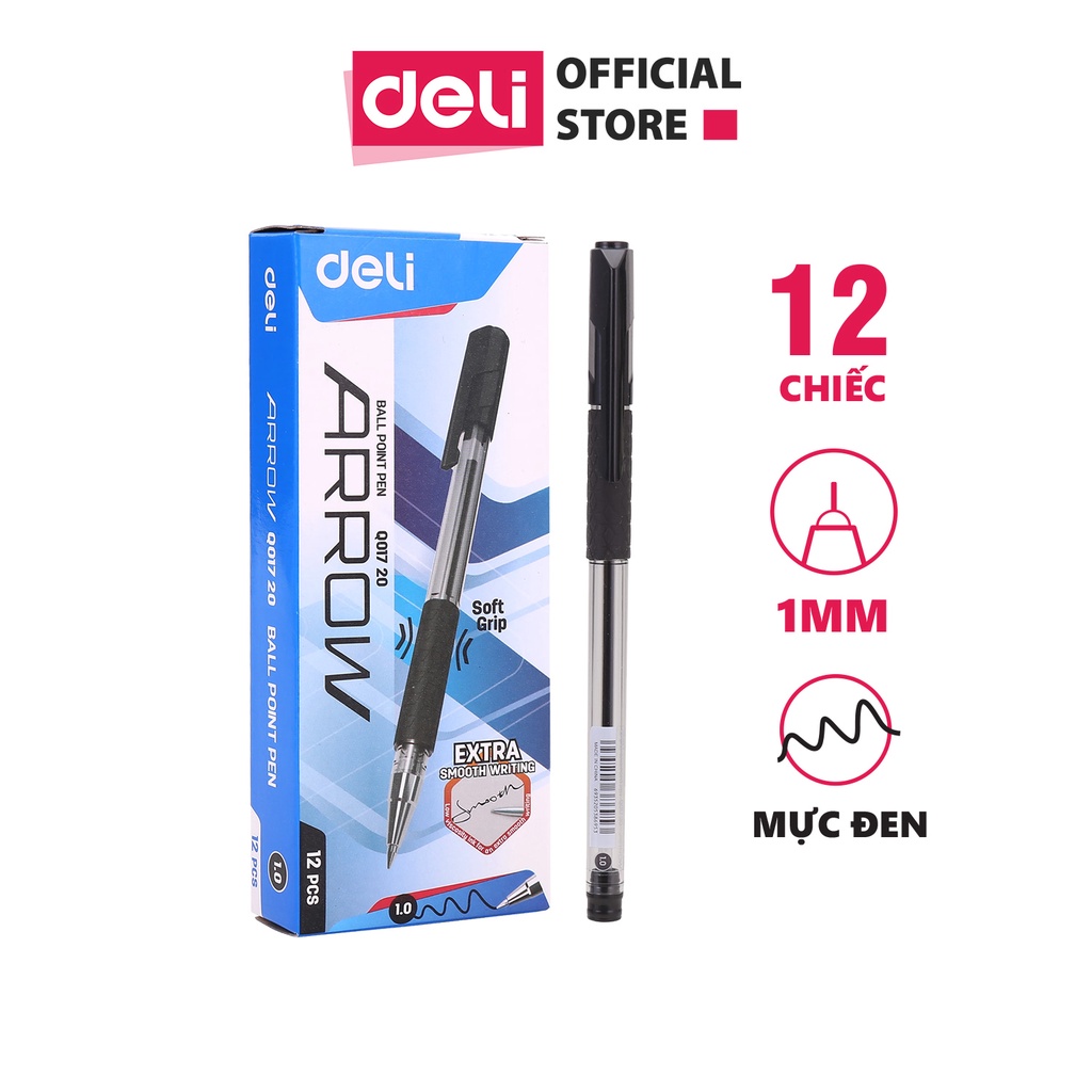 [Hộp 12 Chiếc] Bút Bi Dầu Deli Ngòi 1.0mm Có Nắp Đậy - Mực Xanh/ Đen/ Đỏ - Dùng Để Ghi Chép - EQ01720/ EQ01730/ EQ01740