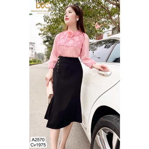 A2570, Cv1975 Set áo sơ mi hồng voan tơ tay dài, chân váy body ôm đuôi cá -  Dolce viva colection