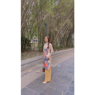 Áo dài Lụa 4 tà họa tiết cô gái