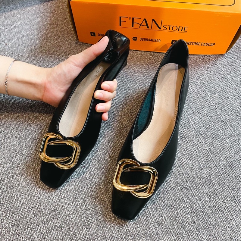 Giày nữ đế vuông mũi vuông [da thật] cao gót bít mũi 5 phân đính đá 672, da mềm mại big size màu đen be trắng FFAN STORE