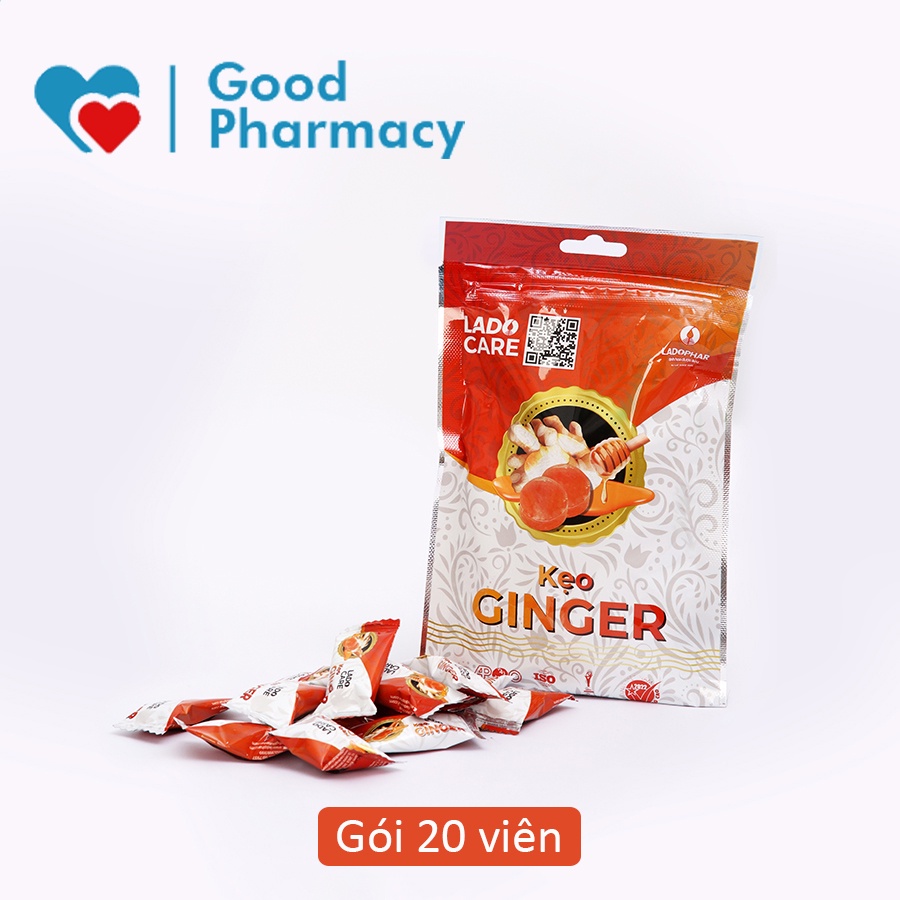 Kẹo ngậm gừng Ginger Lado Care  giúp giữ ấm, tốt cho họng, bao tử / dạ dày, giảm nôn, ói - Gói 20 viên