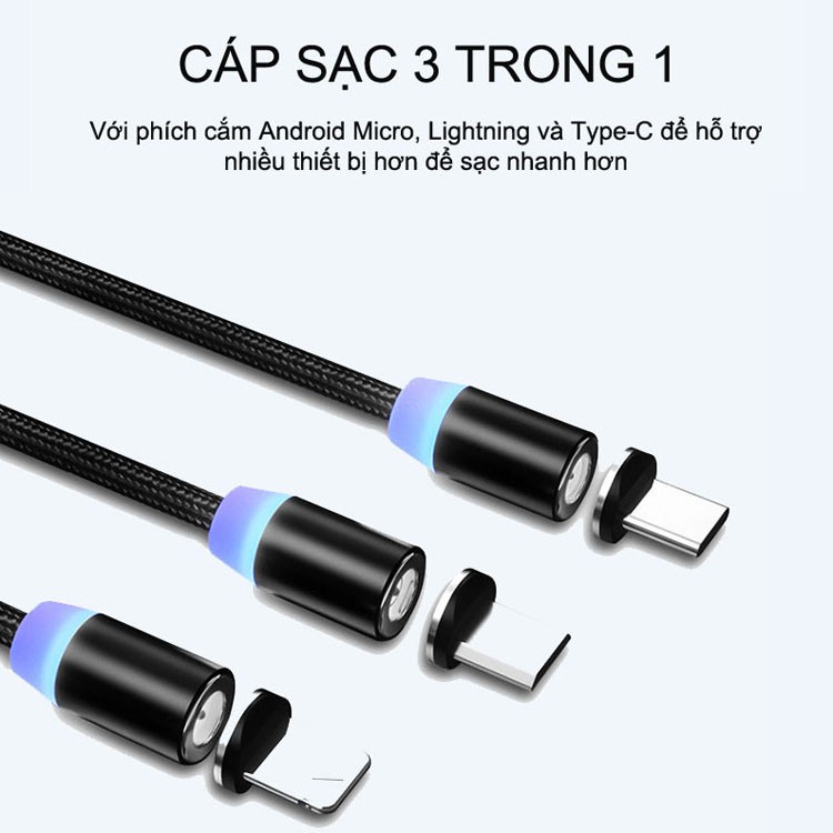 Cáp sạc từ tính cao cấp 3 in 1 tích hơn sạc nhanh chống chịu tốt Combo 3 đầu Type-C / Lightning / Mirco