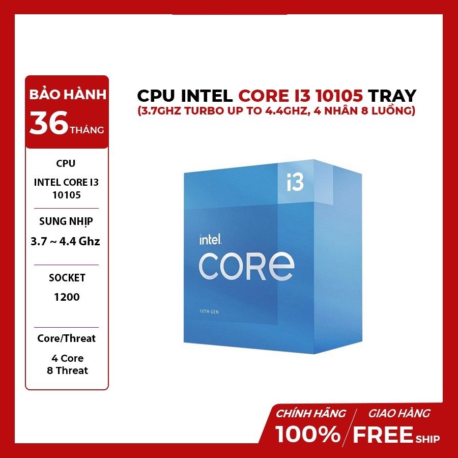 CPU Intel Core i3-10105 (3.7GHz turbo up to 4.4Ghz, 4 nhân 8 luồng, 6MB Cache, 65W) - Socket Intel LGA 1200