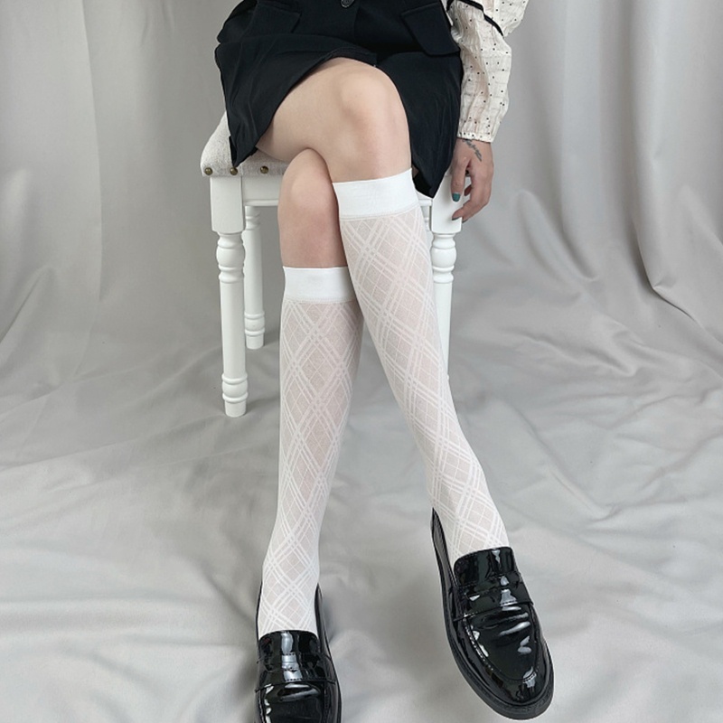 Vớ Dài Qua Gối Mỏng Họa Tiết Sọc Caro Đính Kim Cương Phong Cách Lolita Nhật Bản Cho Nữ