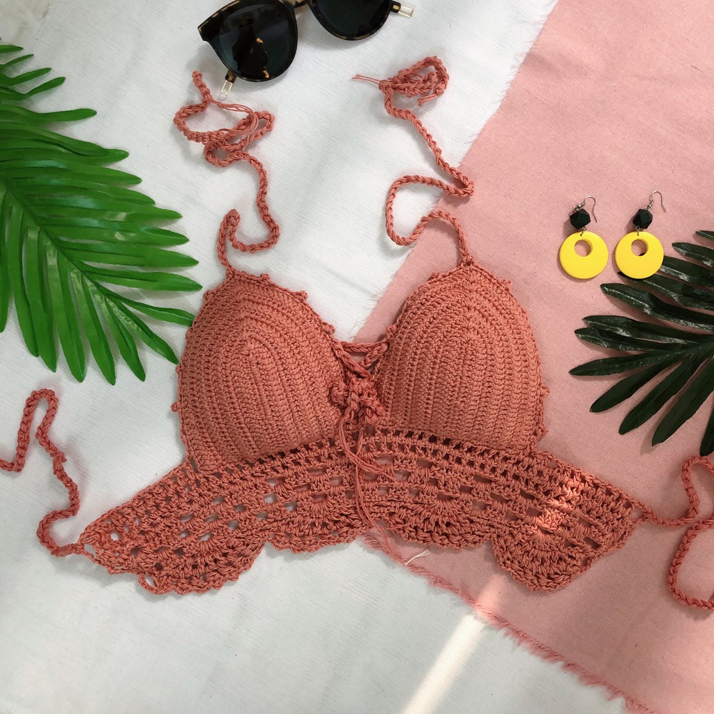 Bikini áo yếm len móc hồng đất mặc đi biển ( có video)