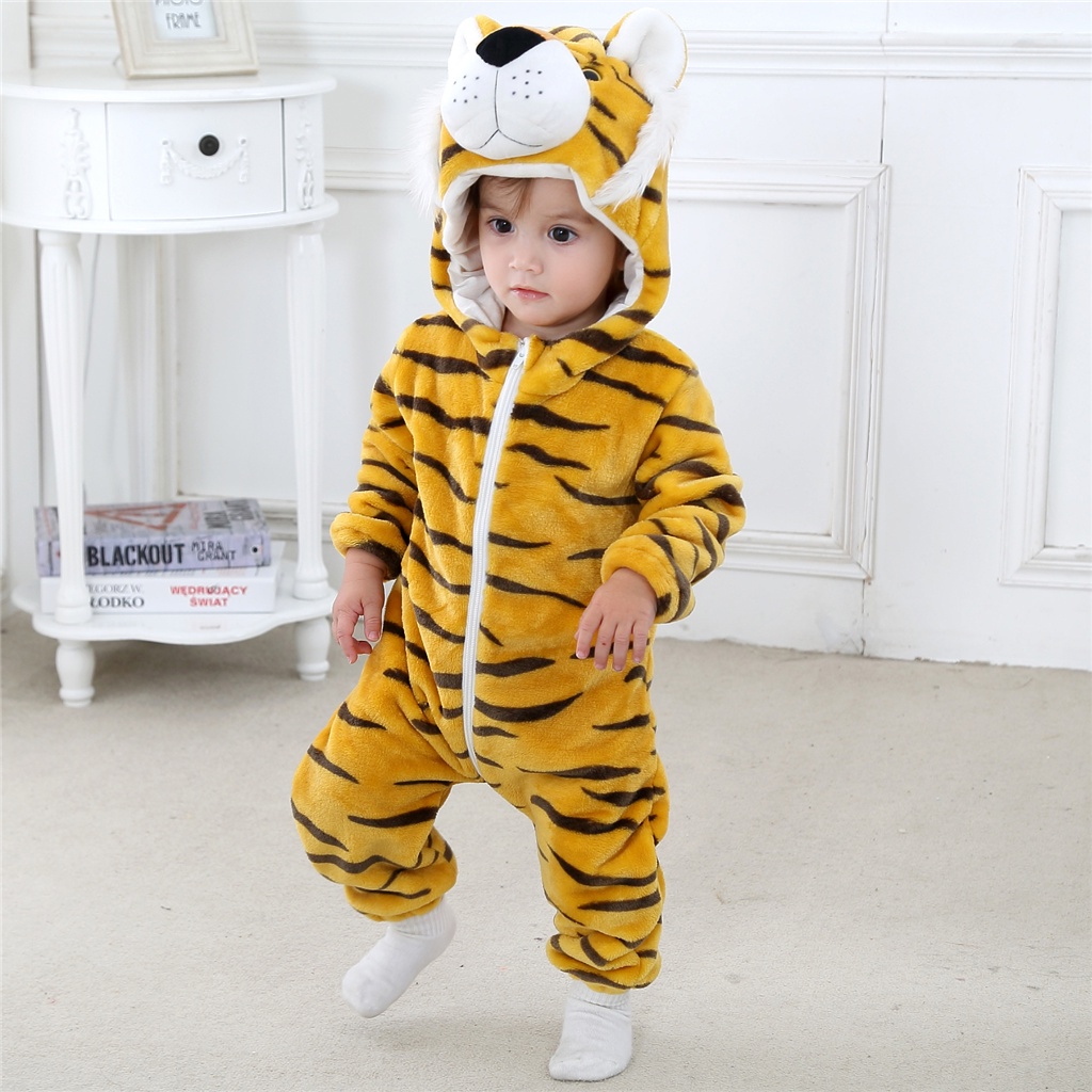 Áo Liền Quần Tay Dài Có Nón In Hình Gấu Trúc Hoạt Hình Dành Cho Bé Trai Gái 0-24 Tháng Tuổi