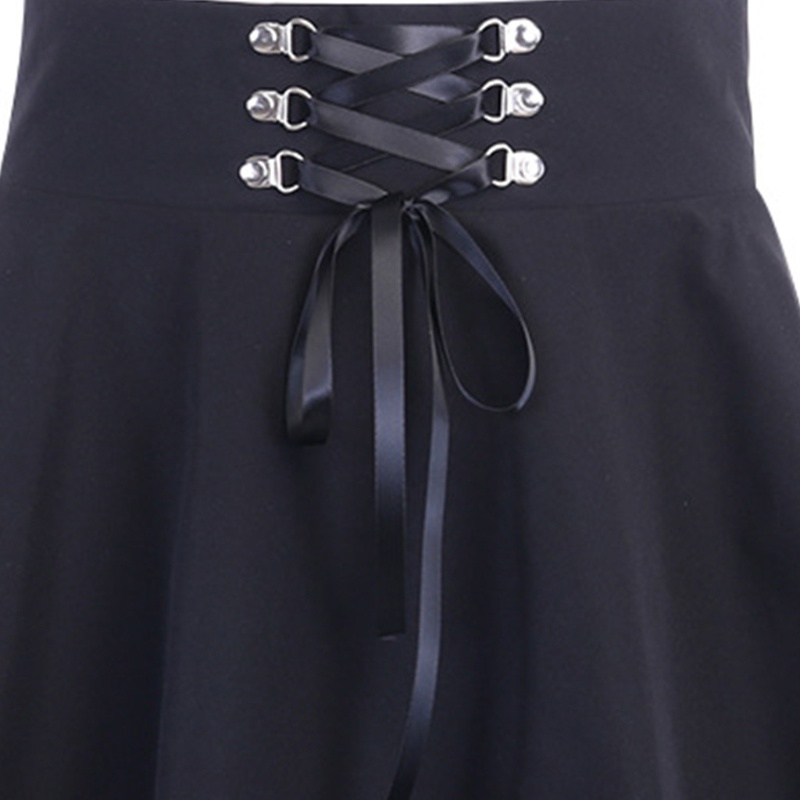 Chân Váy Chữ A Mini Lưng Cao Buộc Dây Phía Trước Màu Đen Phong Cách Gothic Cho Nữ