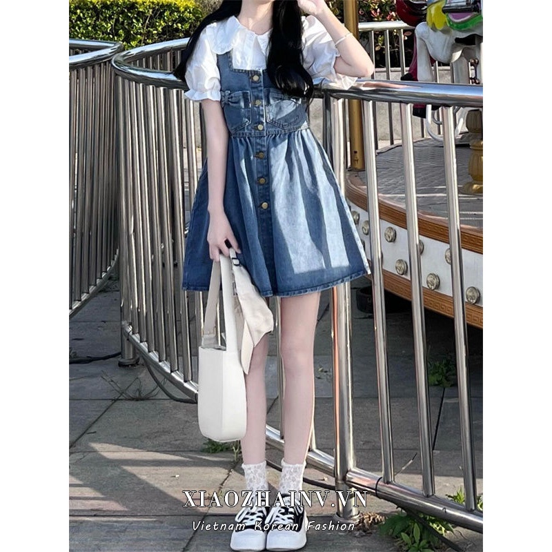Đầm Yếm Denim Chữ A Lưng Cao Thời Trang Mùa Hè