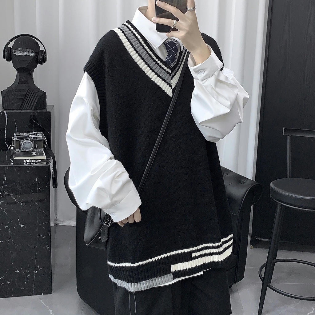Áo sweater dệt kim cổ V không tay thời trang Hàn Quốc nam tính