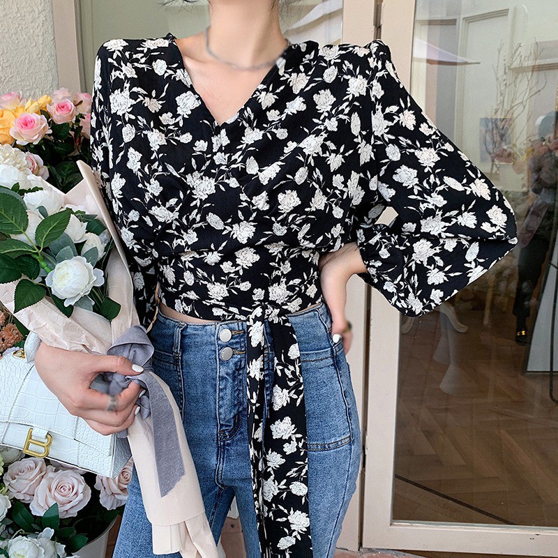 Women's Floral Print V Neck Sexy Lace Exposed Navel Long Sleeves Chiffon Shirts | BigBuy360 - bigbuy360.vn